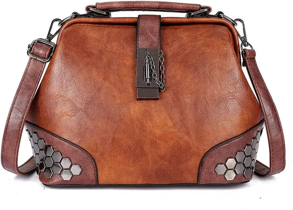 Mn&Sue Gothic Rivet Studded Vintage Doctor Style Cross Body Convertible Bucket Shoulder Handbag for Women