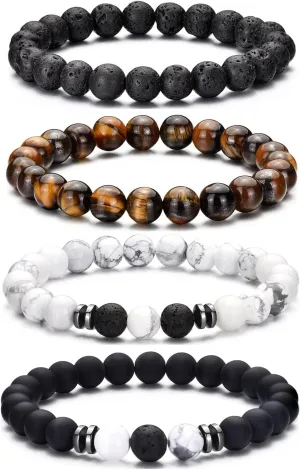 MOROTOLE Mens Beaded Bracelet Tiger Eye 8MM Natural Stone Beads Bracelet Set Adjustable Stretch Lava Rock Bracelets for Men Black Crystal Beaded Bracelets for Men Father Boyfriend Brother Gifts