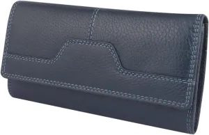 MORUCHA Antitheft RFID Protection Purse Ladies Soft Genuine Leather Flap Over Multi Credit Cardholder Money Organiser Long Clutch Wallet (Navy Blue)