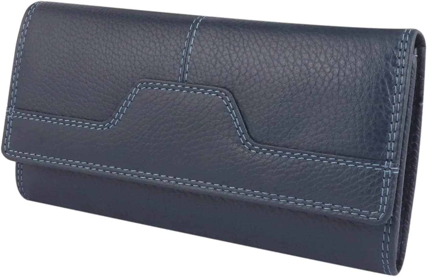MORUCHA Antitheft RFID Protection Purse Ladies Soft Genuine Leather Flap Over Multi Credit Cardholder Money Organiser Long Clutch Wallet (Navy Blue)