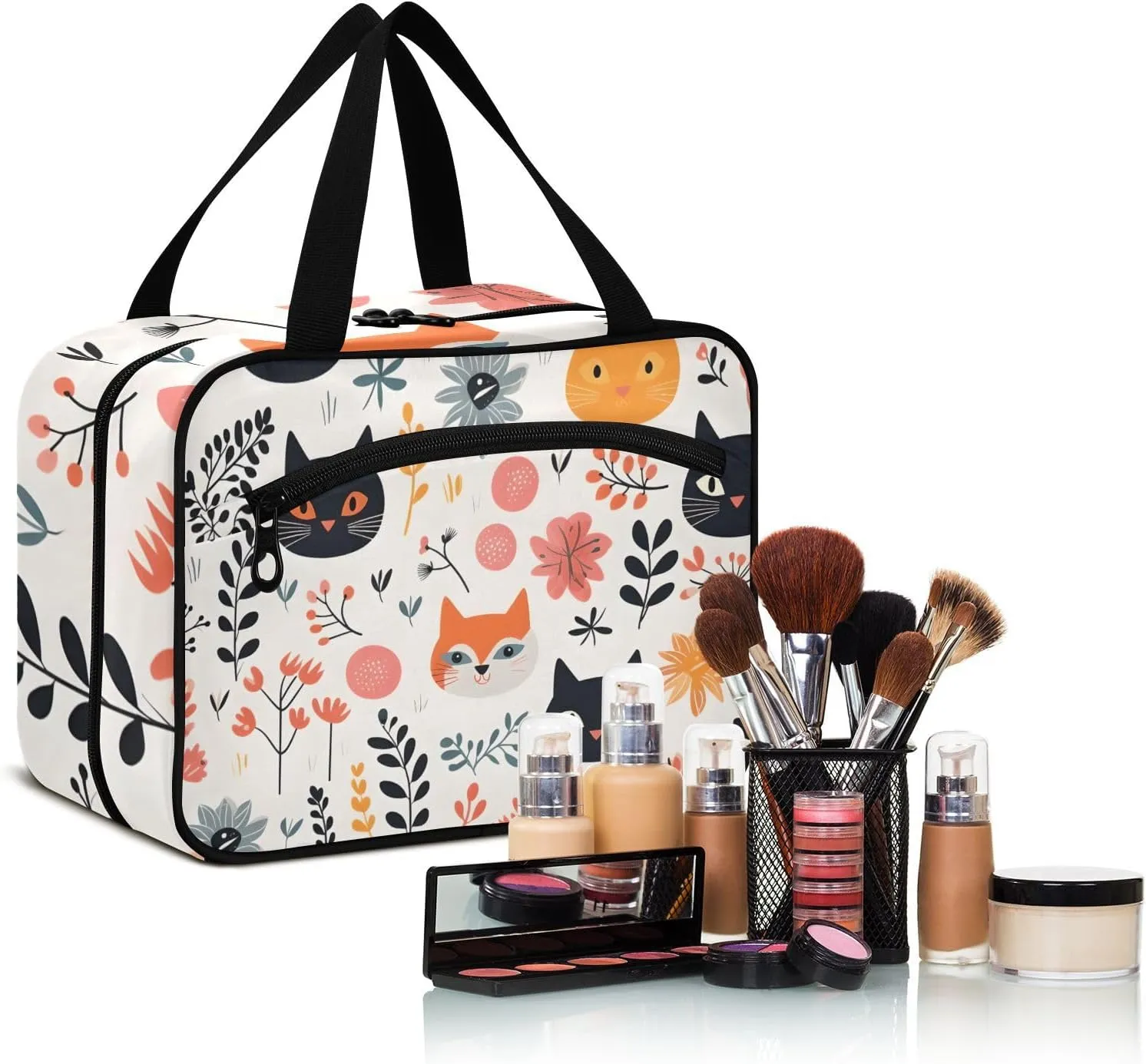 MUKJHOI Hanging Travel Toiletry Bag  4 Zippered Compartments, Transparent Organizer, Compact & Water-Resistant for Gym, Camping, Hotel  Cute Cat (5)