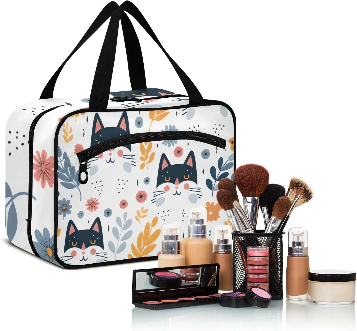 MUKJHOI Hanging Travel Toiletry Bag  4 Zippered Compartments, Transparent Organizer, Compact & Water-Resistant for Gym, Camping, Hotel  Cute Cat (6)