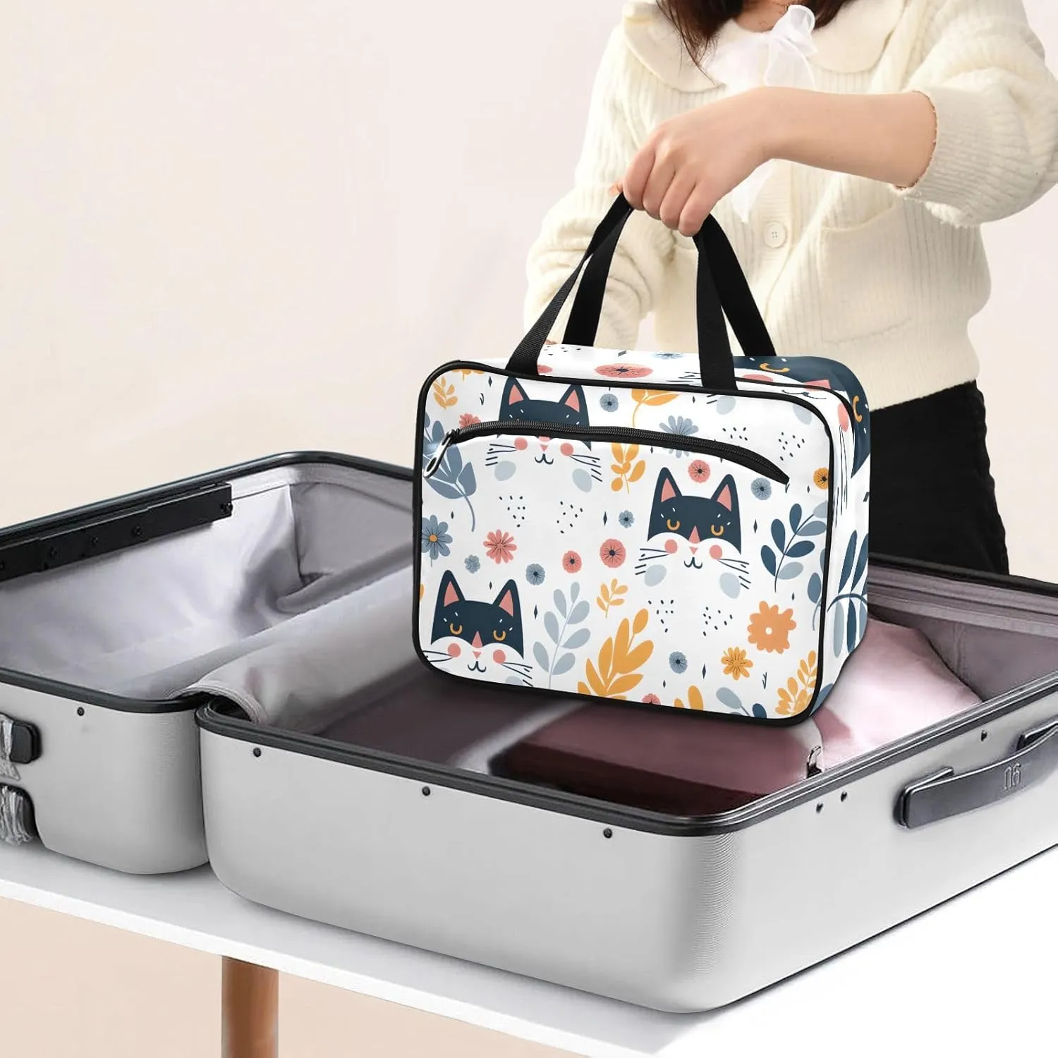 MUKJHOI Hanging Travel Toiletry Bag  4 Zippered Compartments, Transparent Organizer, Compact & Water-Resistant for Gym, Camping, Hotel  Cute Cat (6)