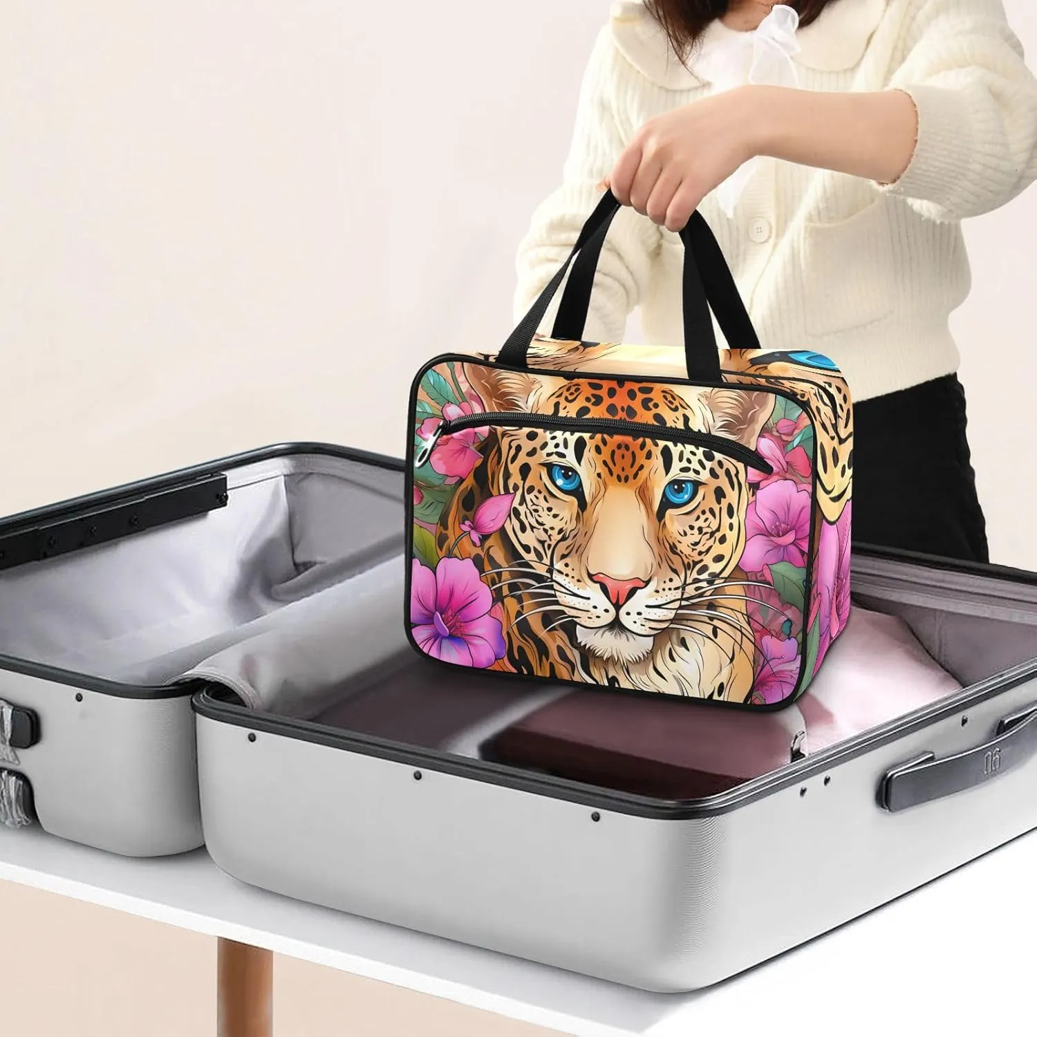 MUKJHOI Hanging Travel Toiletry Bag  4 Zippered Compartments, Transparent Organizer, Compact & Water-Resistant for Gym, Camping, Hotel  Cute Cheetah (1)