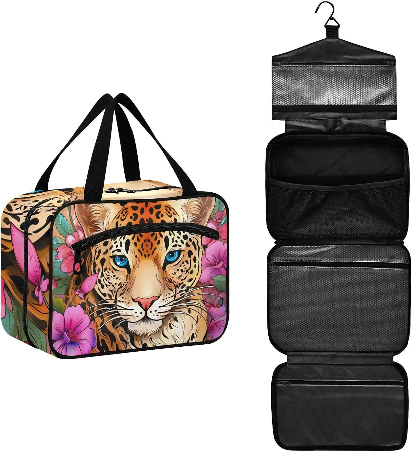 MUKJHOI Hanging Travel Toiletry Bag  4 Zippered Compartments, Transparent Organizer, Compact & Water-Resistant for Gym, Camping, Hotel  Cute Cheetah (1)