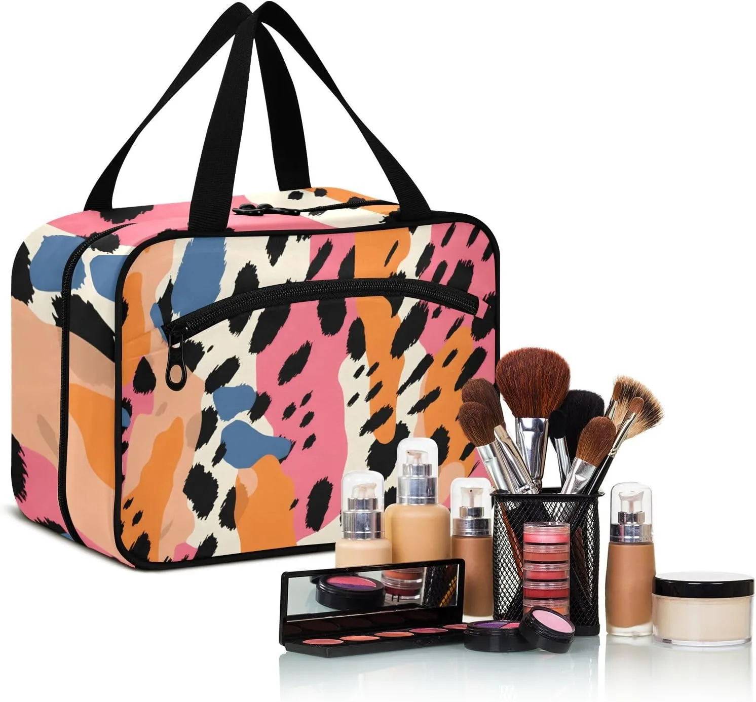 MUKJHOI Hanging Travel Toiletry Bag  4 Zippered Compartments, Transparent Organizer, Compact & Water-Resistant for Gym, Camping, Hotel  Cute Cheetah (3)