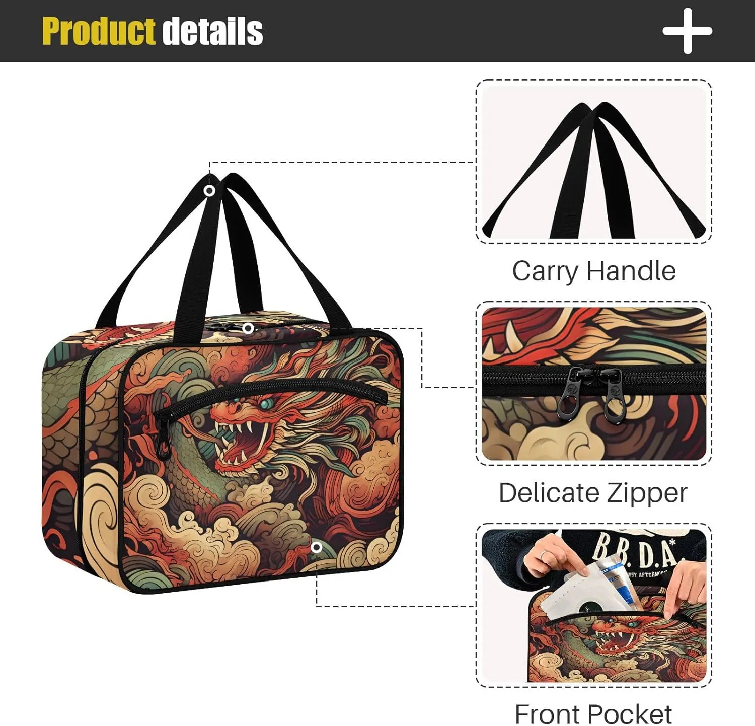 MUKJHOI Hanging Travel Toiletry Bag  4 Zippered Compartments, Transparent Organizer, Compact & Water-Resistant for Gym, Camping, Hotel  Cute Chinese Dragon (2)