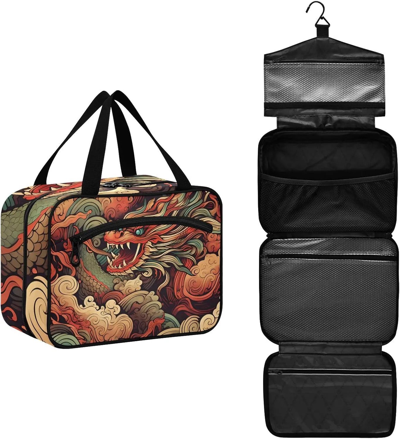 MUKJHOI Hanging Travel Toiletry Bag  4 Zippered Compartments, Transparent Organizer, Compact & Water-Resistant for Gym, Camping, Hotel  Cute Chinese Dragon (2)