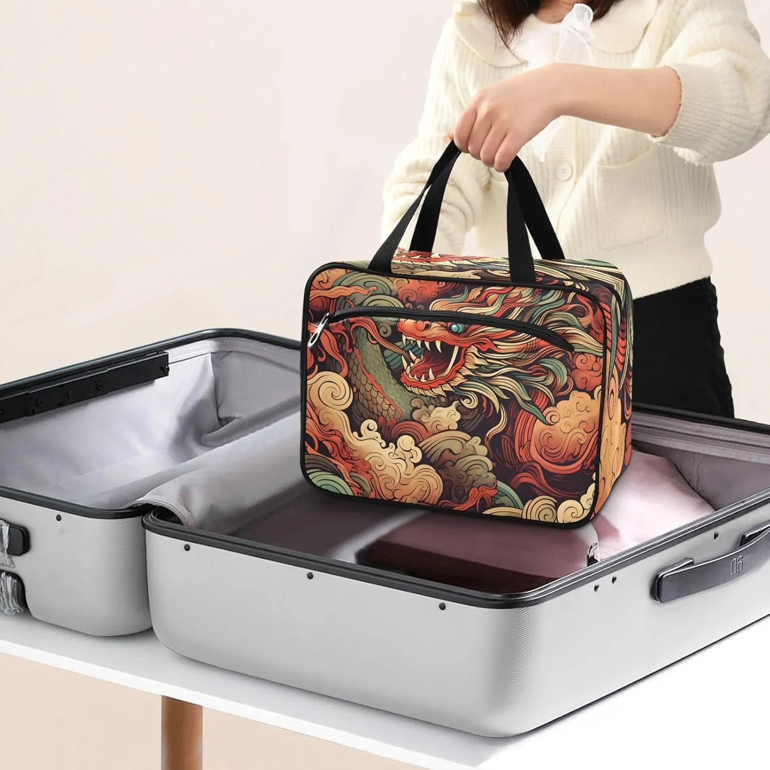 MUKJHOI Hanging Travel Toiletry Bag  4 Zippered Compartments, Transparent Organizer, Compact & Water-Resistant for Gym, Camping, Hotel  Cute Chinese Dragon (2)