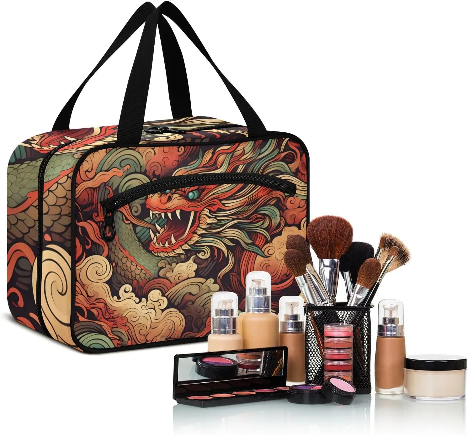 MUKJHOI Hanging Travel Toiletry Bag  4 Zippered Compartments, Transparent Organizer, Compact & Water-Resistant for Gym, Camping, Hotel  Cute Chinese Dragon (2)