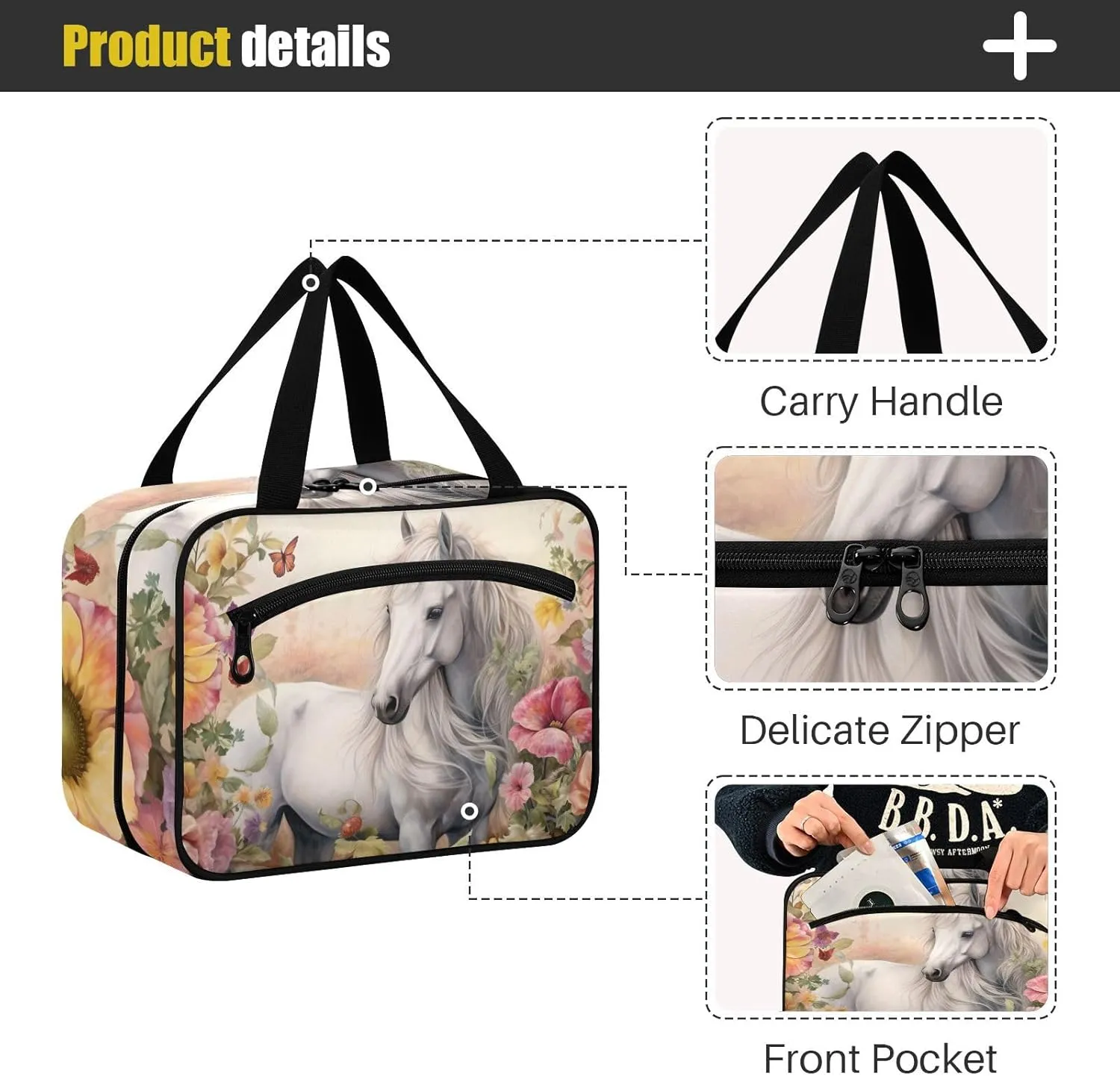 MUKJHOI Hanging Travel Toiletry Bag  4 Zippered Compartments, Transparent Organizer, Compact & Water-Resistant for Gym, Camping, Hotel  Horse (16)