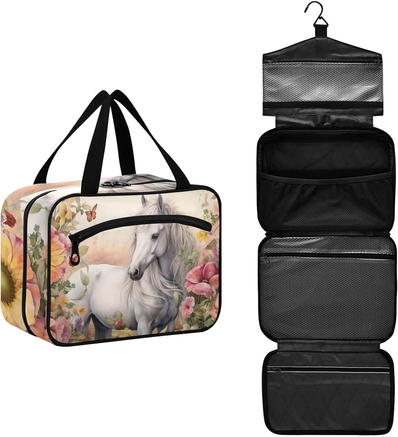 MUKJHOI Hanging Travel Toiletry Bag  4 Zippered Compartments, Transparent Organizer, Compact & Water-Resistant for Gym, Camping, Hotel  Horse (16)