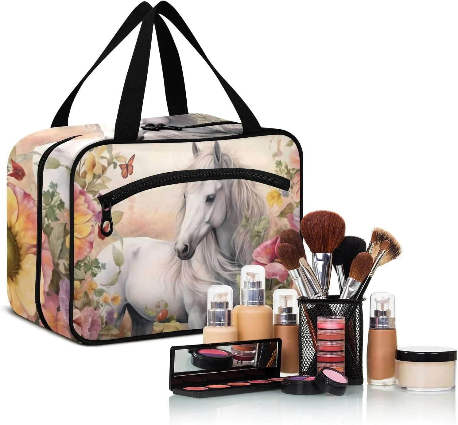MUKJHOI Hanging Travel Toiletry Bag  4 Zippered Compartments, Transparent Organizer, Compact & Water-Resistant for Gym, Camping, Hotel  Horse (16)