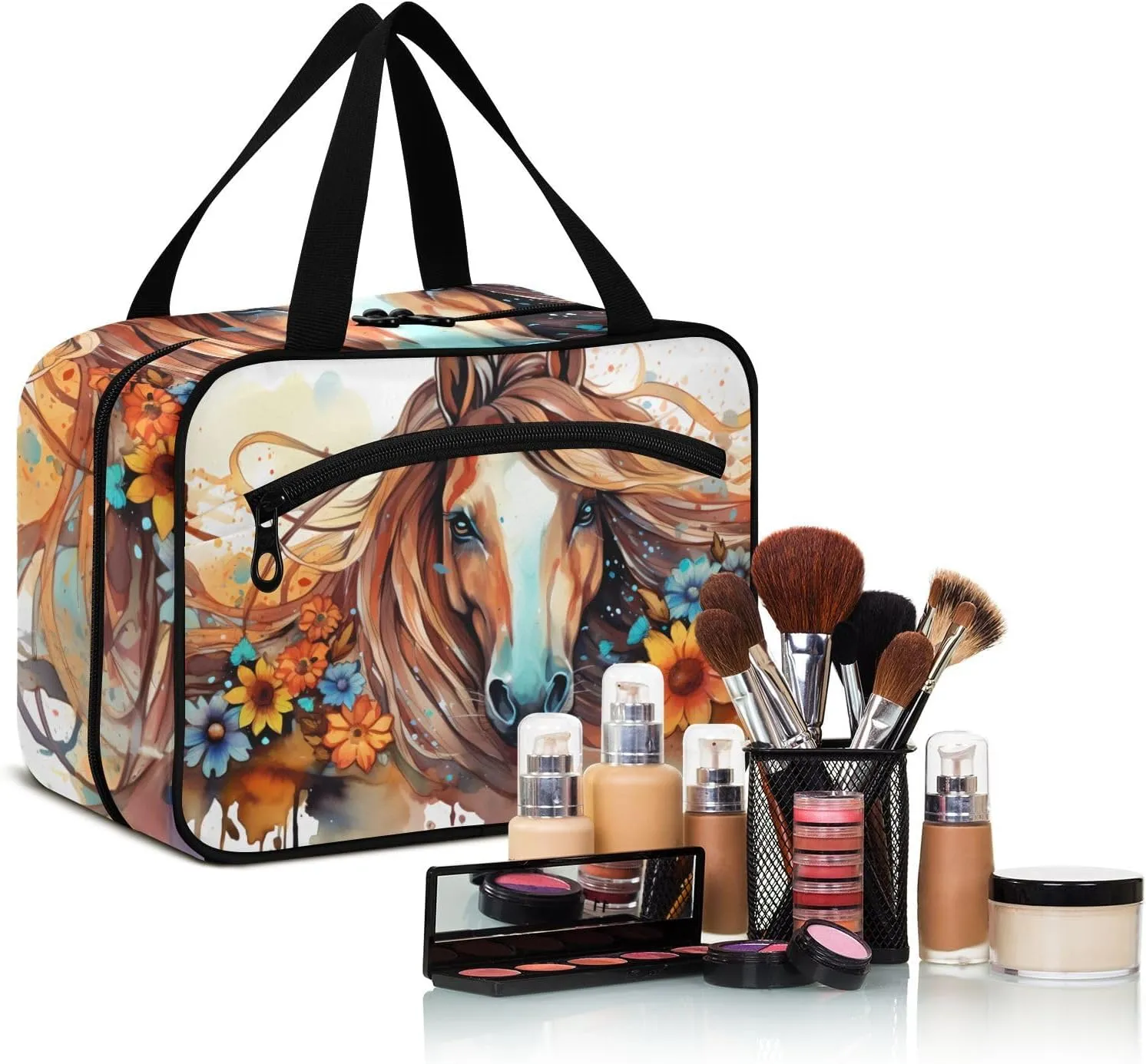 MUKJHOI Hanging Travel Toiletry Bag  4 Zippered Compartments, Transparent Organizer, Compact & Water-Resistant for Gym, Camping, Hotel  Horse (17)