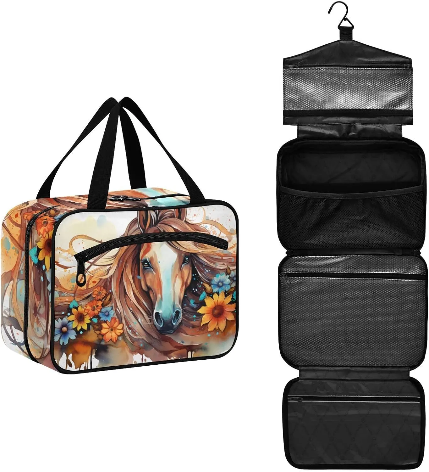 MUKJHOI Hanging Travel Toiletry Bag  4 Zippered Compartments, Transparent Organizer, Compact & Water-Resistant for Gym, Camping, Hotel  Horse (17)