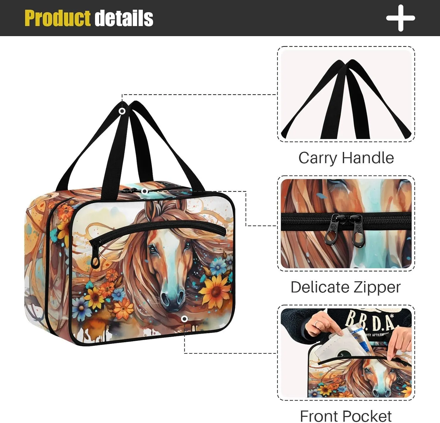 MUKJHOI Hanging Travel Toiletry Bag  4 Zippered Compartments, Transparent Organizer, Compact & Water-Resistant for Gym, Camping, Hotel  Horse (17)
