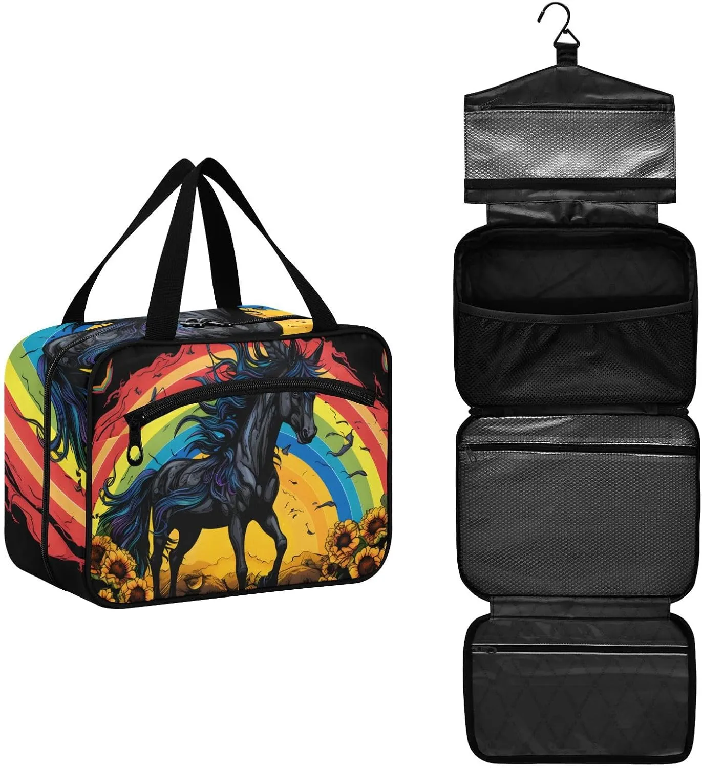MUKJHOI Hanging Travel Toiletry Bag  4 Zippered Compartments, Transparent Organizer, Compact & Water-Resistant for Gym, Camping, Hotel  Horse (19)