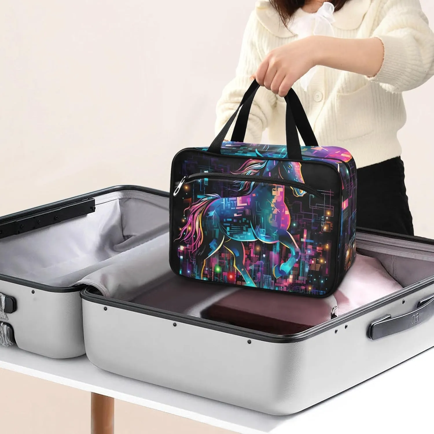 MUKJHOI Hanging Travel Toiletry Bag  4 Zippered Compartments, Transparent Organizer, Compact & Water-Resistant for Gym, Camping, Hotel  Horse (20)