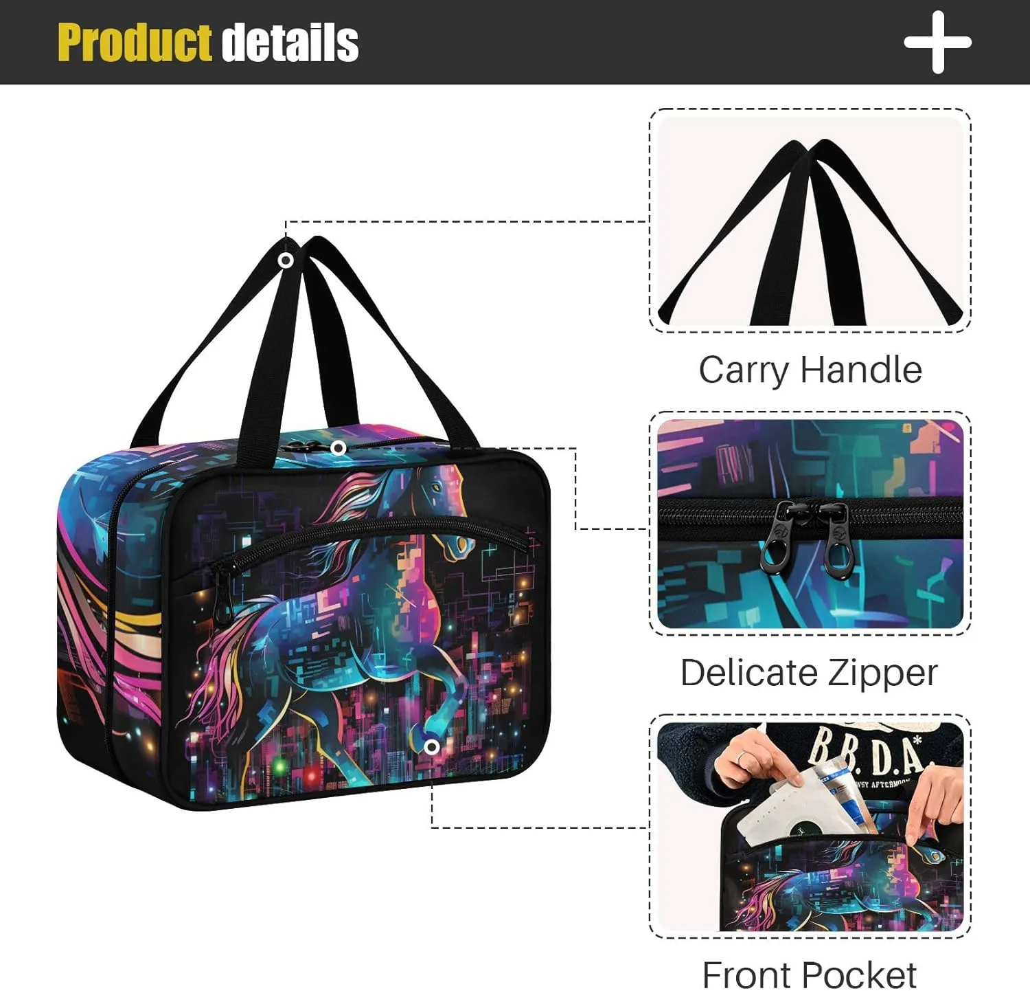 MUKJHOI Hanging Travel Toiletry Bag  4 Zippered Compartments, Transparent Organizer, Compact & Water-Resistant for Gym, Camping, Hotel  Horse (20)
