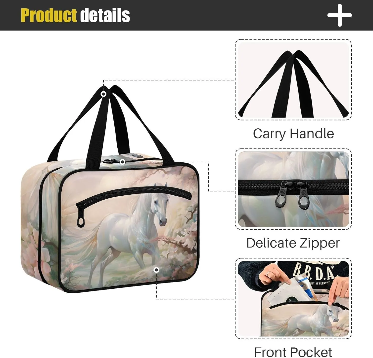 MUKJHOI Hanging Travel Toiletry Bag  4 Zippered Compartments, Transparent Organizer, Compact & Water-Resistant for Gym, Camping, Hotel  Horse (21)
