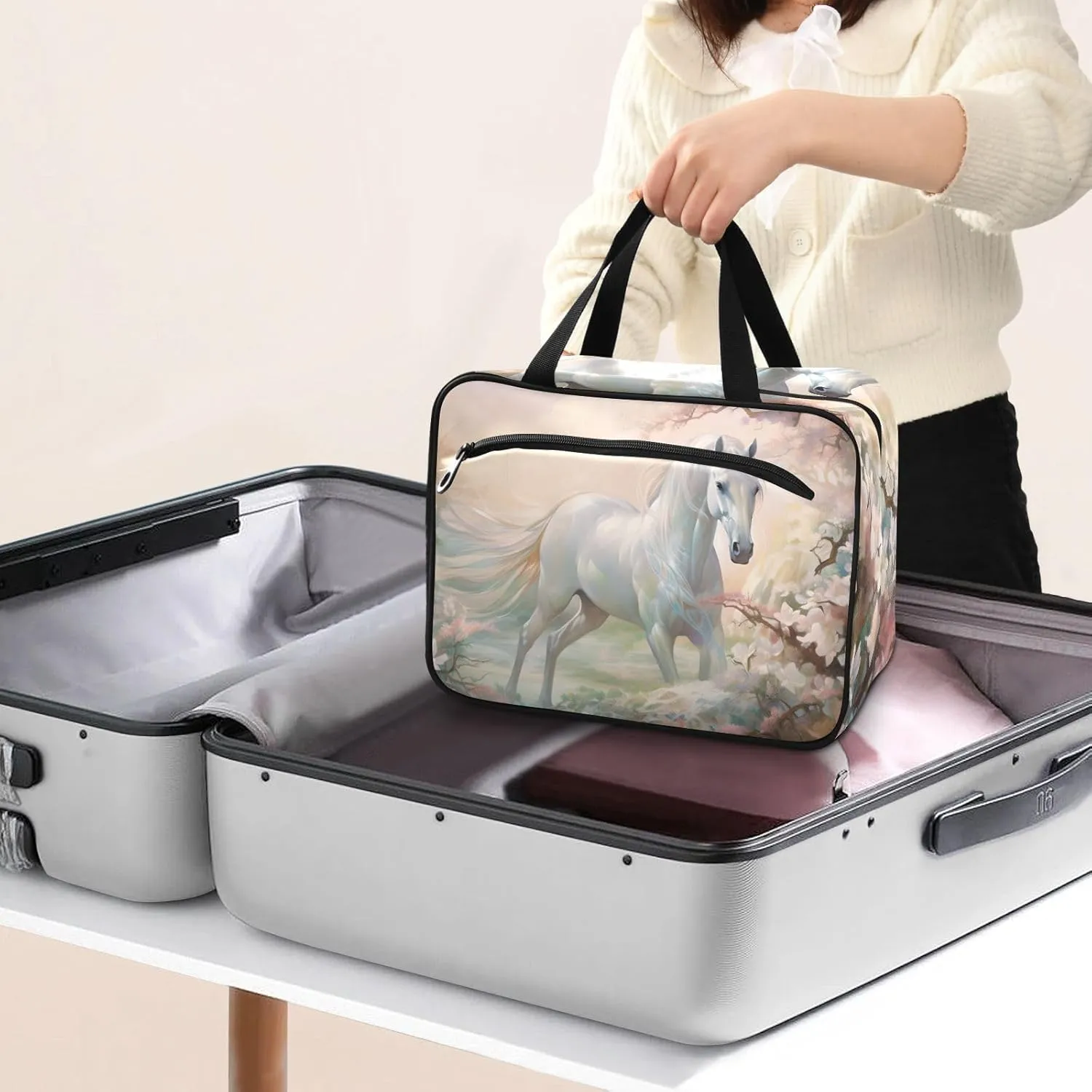 MUKJHOI Hanging Travel Toiletry Bag  4 Zippered Compartments, Transparent Organizer, Compact & Water-Resistant for Gym, Camping, Hotel  Horse (21)