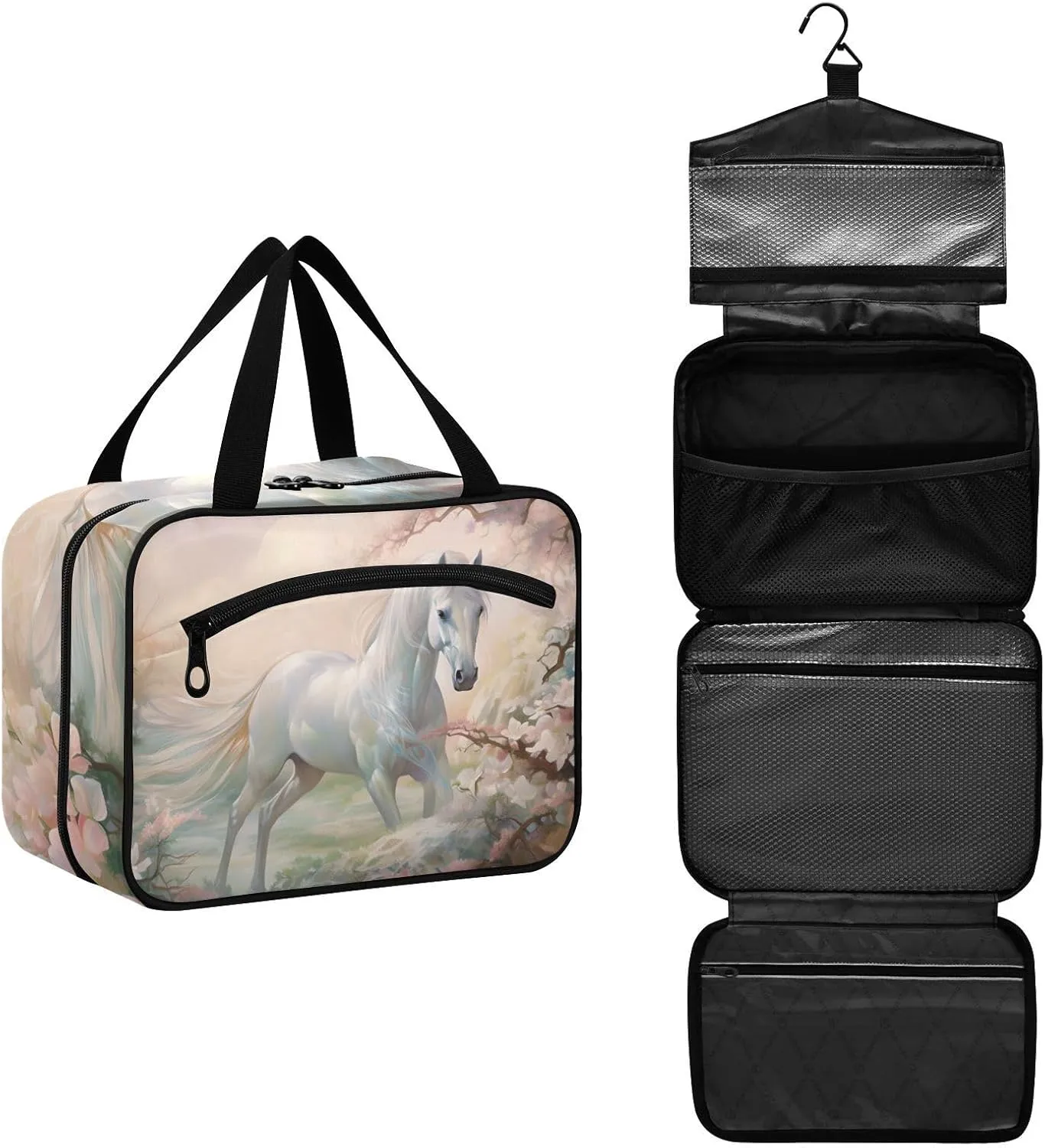 MUKJHOI Hanging Travel Toiletry Bag  4 Zippered Compartments, Transparent Organizer, Compact & Water-Resistant for Gym, Camping, Hotel  Horse (21)