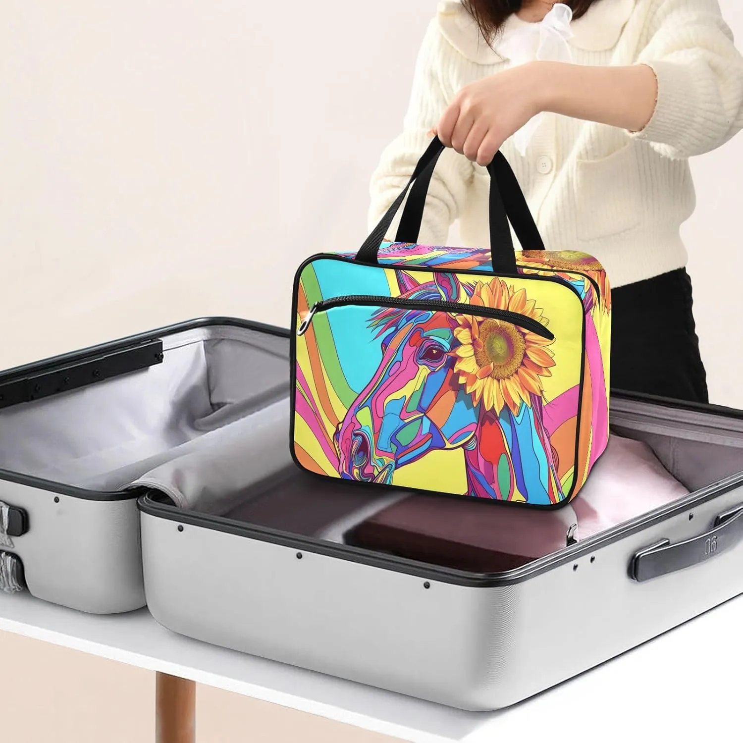 MUKJHOI Hanging Travel Toiletry Bag  4 Zippered Compartments, Transparent Organizer, Compact & Water-Resistant for Gym, Camping, Hotel  Horse (22)