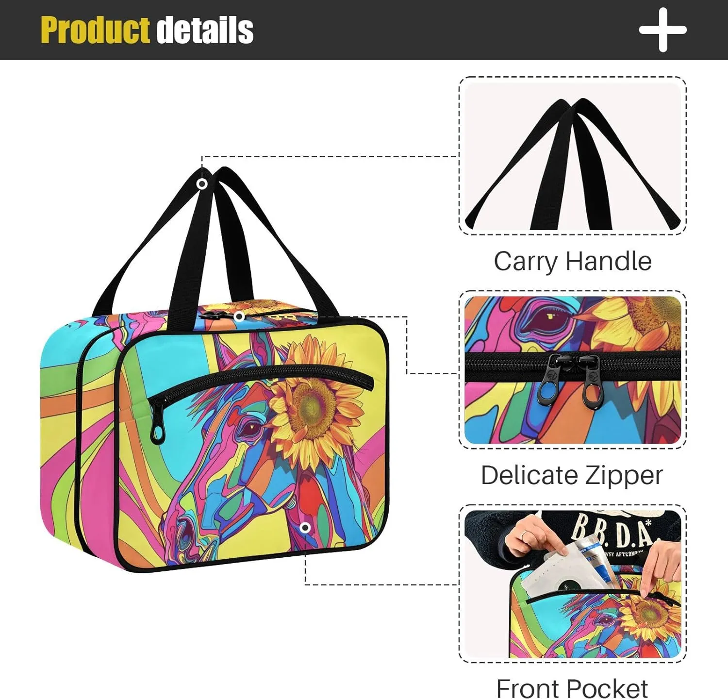 MUKJHOI Hanging Travel Toiletry Bag  4 Zippered Compartments, Transparent Organizer, Compact & Water-Resistant for Gym, Camping, Hotel  Horse (22)