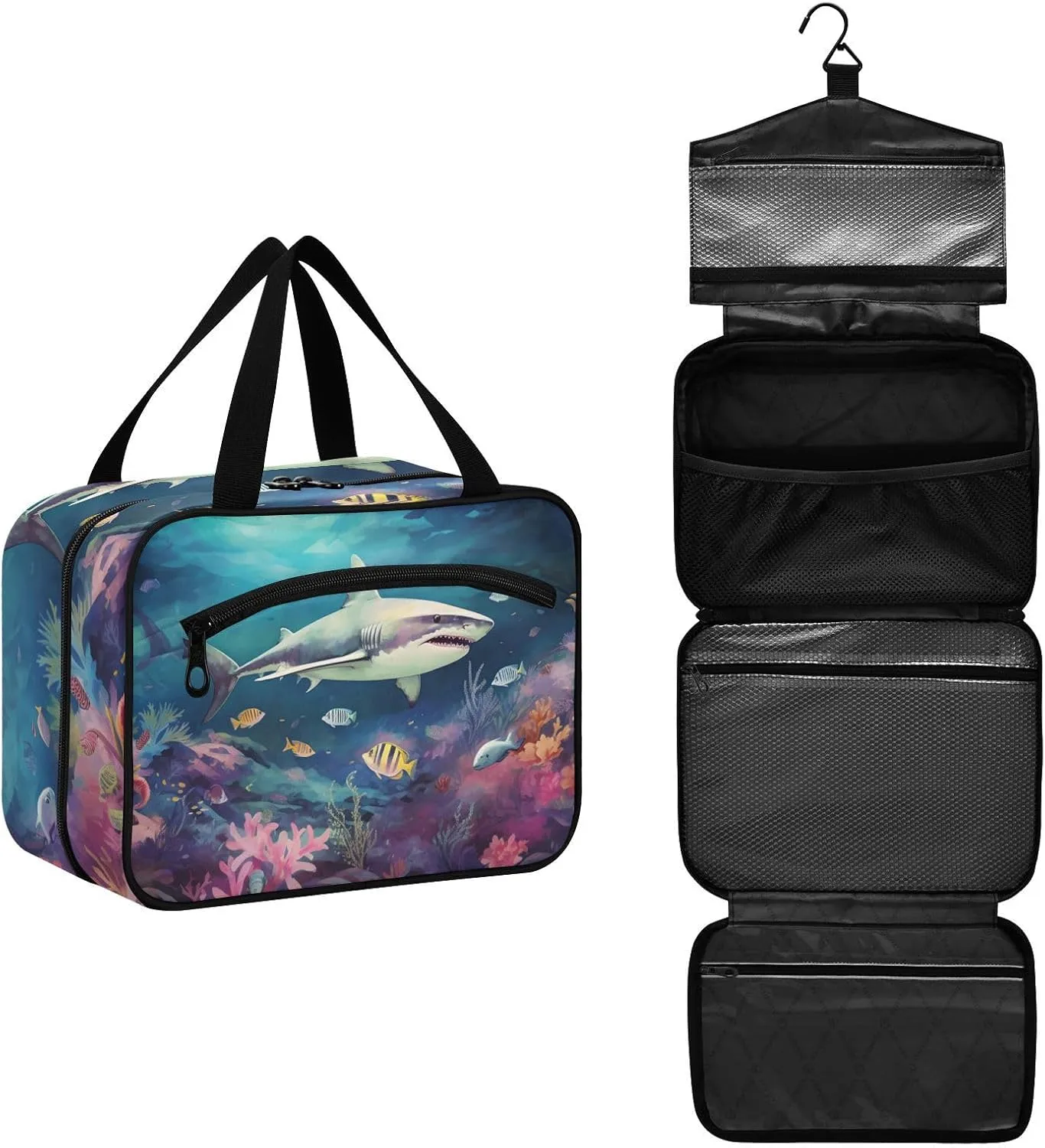 MUKJHOI Hanging Travel Toiletry Bag  4 Zippered Compartments, Transparent Organizer, Compact & Water-Resistant for Gym, Camping, Hotel  Shark (9)