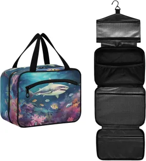 MUKJHOI Hanging Travel Toiletry Bag  4 Zippered Compartments, Transparent Organizer, Compact & Water-Resistant for Gym, Camping, Hotel  Shark (9)