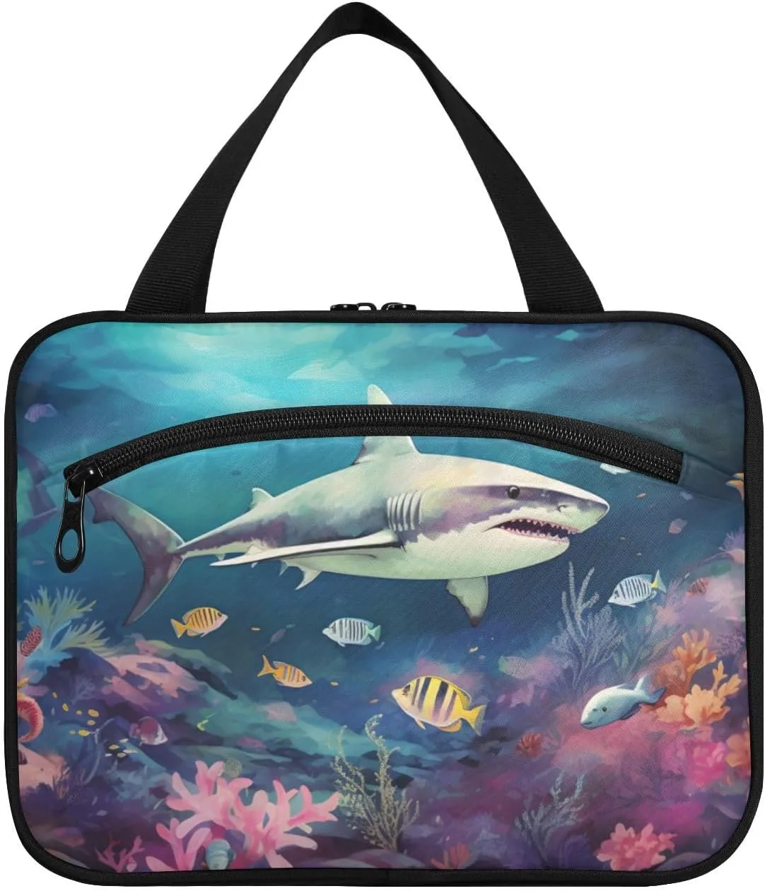 MUKJHOI Hanging Travel Toiletry Bag  4 Zippered Compartments, Transparent Organizer, Compact & Water-Resistant for Gym, Camping, Hotel  Shark (9)