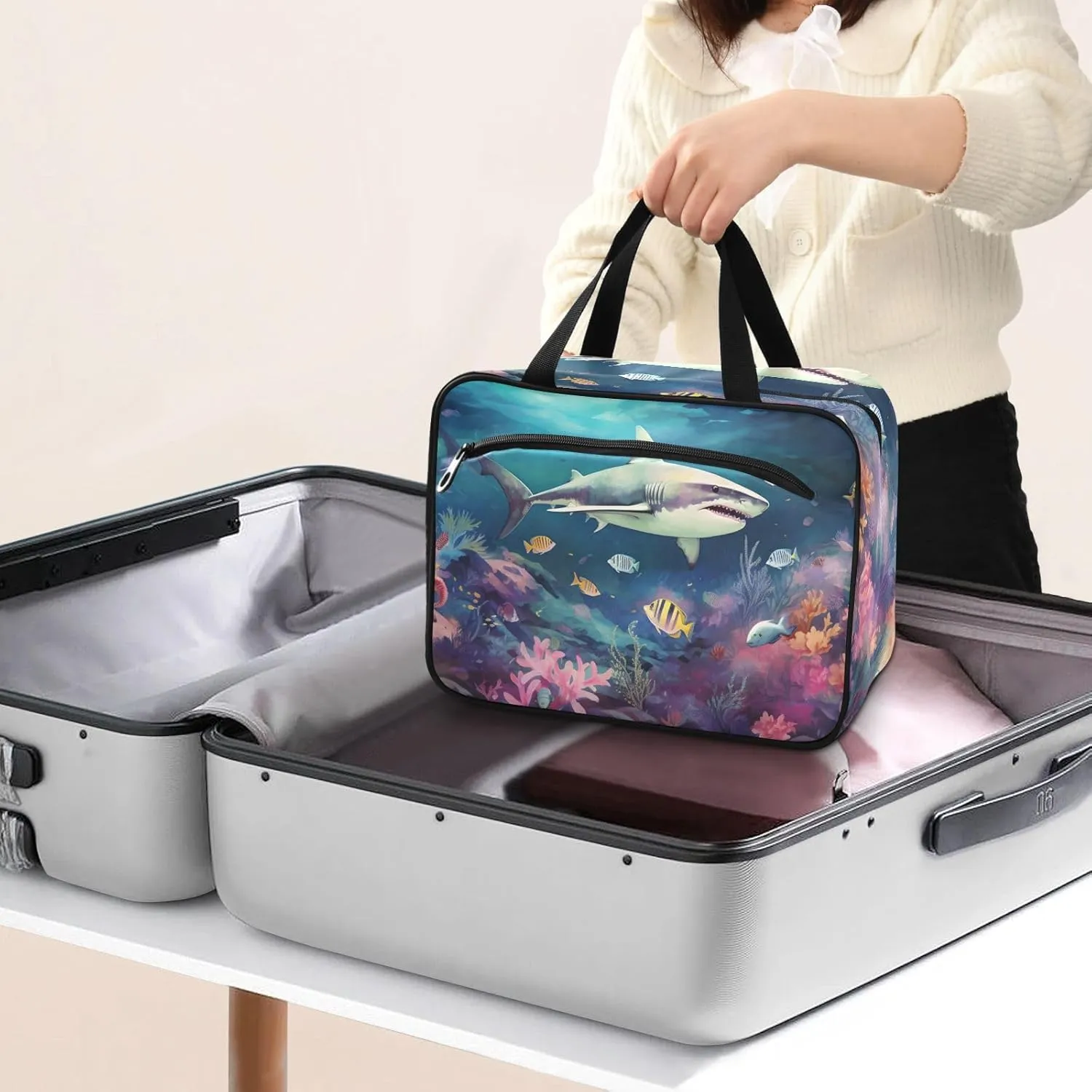 MUKJHOI Hanging Travel Toiletry Bag  4 Zippered Compartments, Transparent Organizer, Compact & Water-Resistant for Gym, Camping, Hotel  Shark (9)