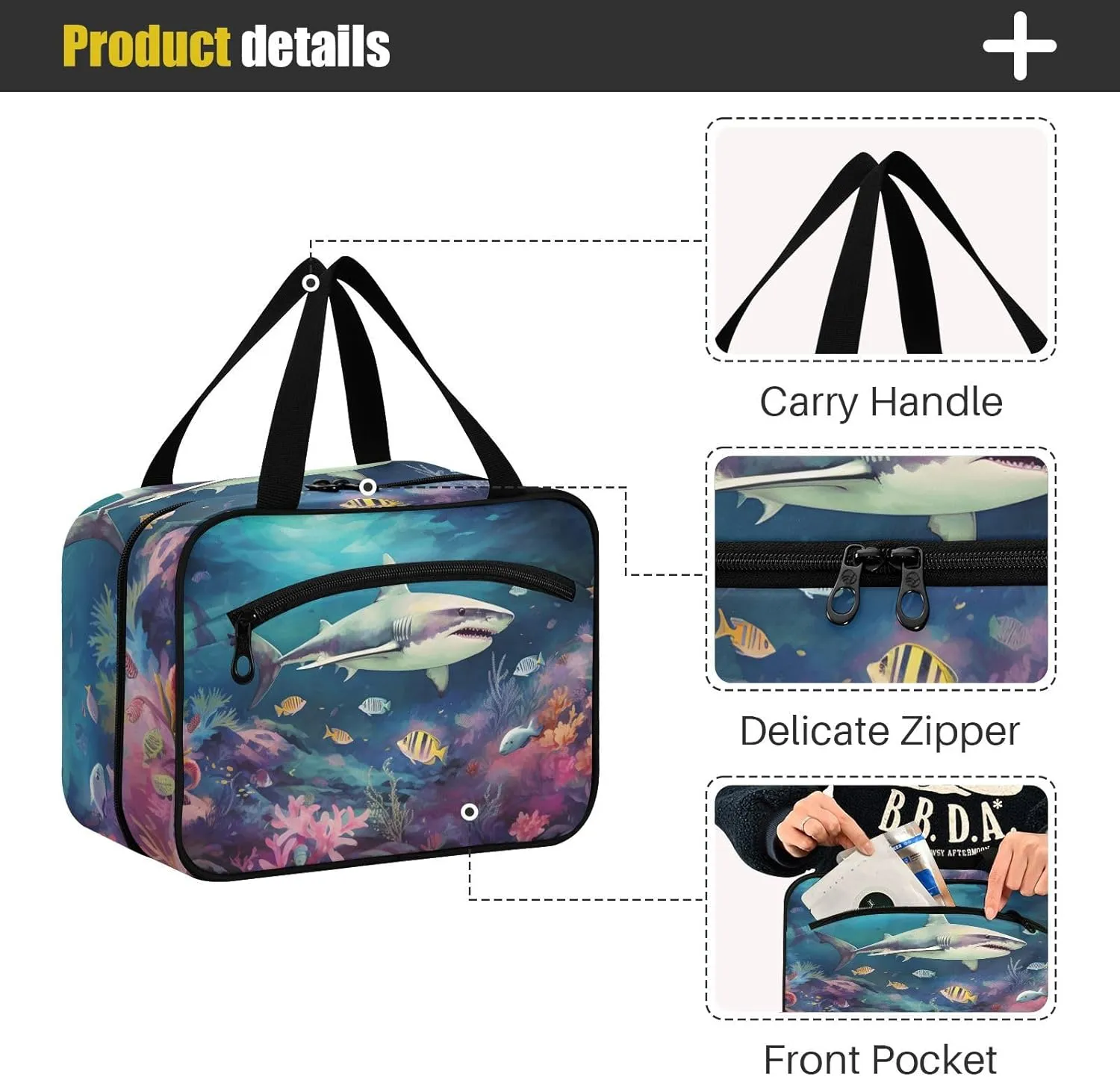MUKJHOI Hanging Travel Toiletry Bag  4 Zippered Compartments, Transparent Organizer, Compact & Water-Resistant for Gym, Camping, Hotel  Shark (9)