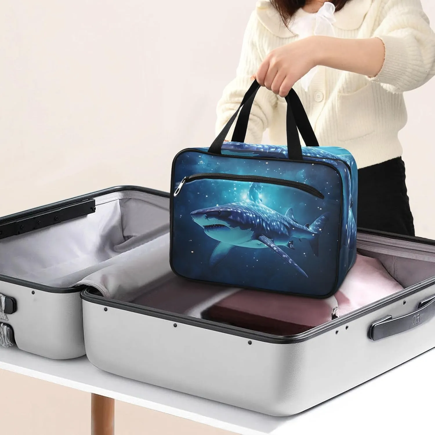 MUKJHOI Hanging Travel Toiletry Bag  4 Zippered Compartments, Transparent Organizer, Compact & Water-Resistant for Gym, Camping, Hotel  Shark Under The Stars
