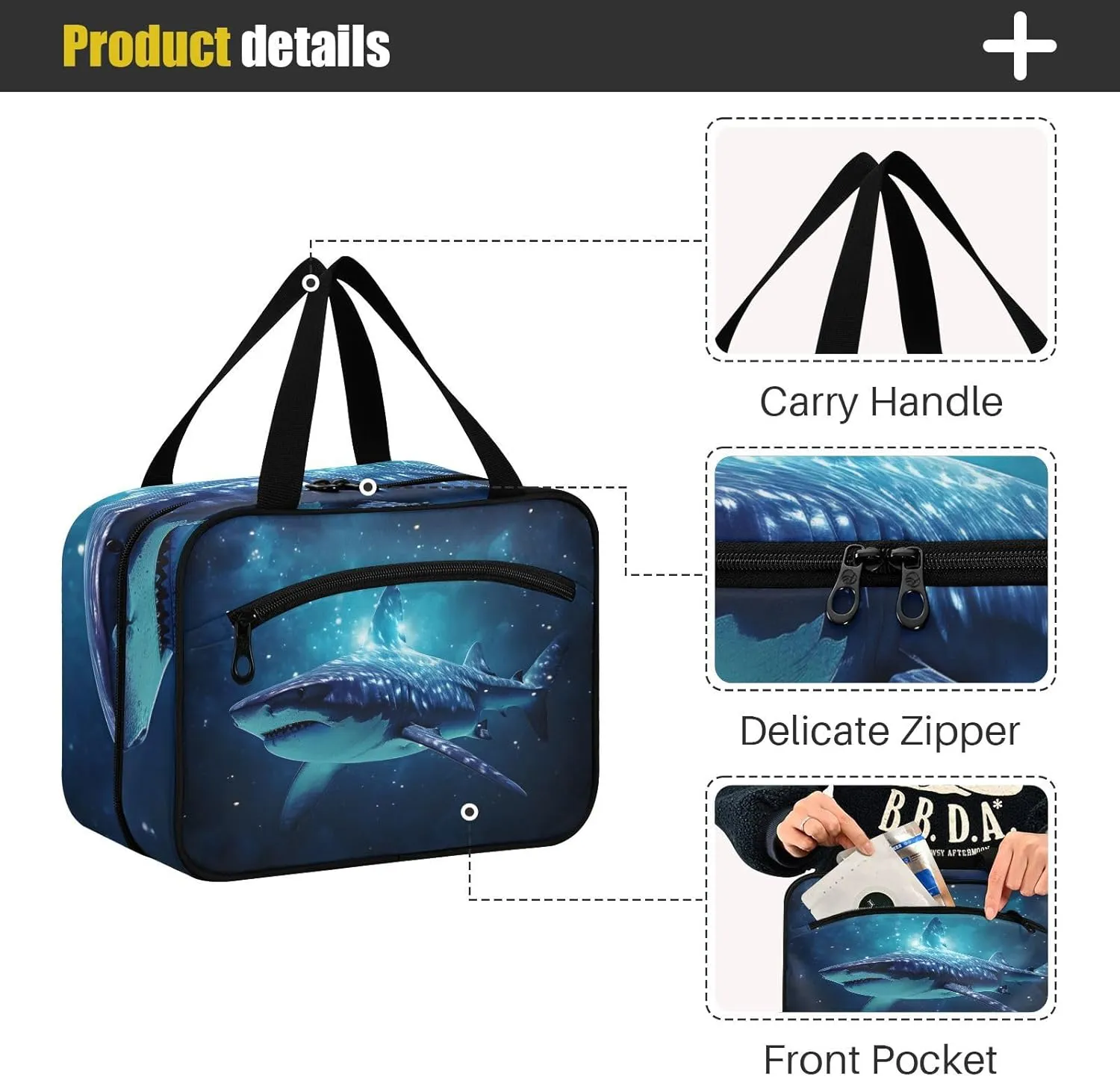 MUKJHOI Hanging Travel Toiletry Bag  4 Zippered Compartments, Transparent Organizer, Compact & Water-Resistant for Gym, Camping, Hotel  Shark Under The Stars