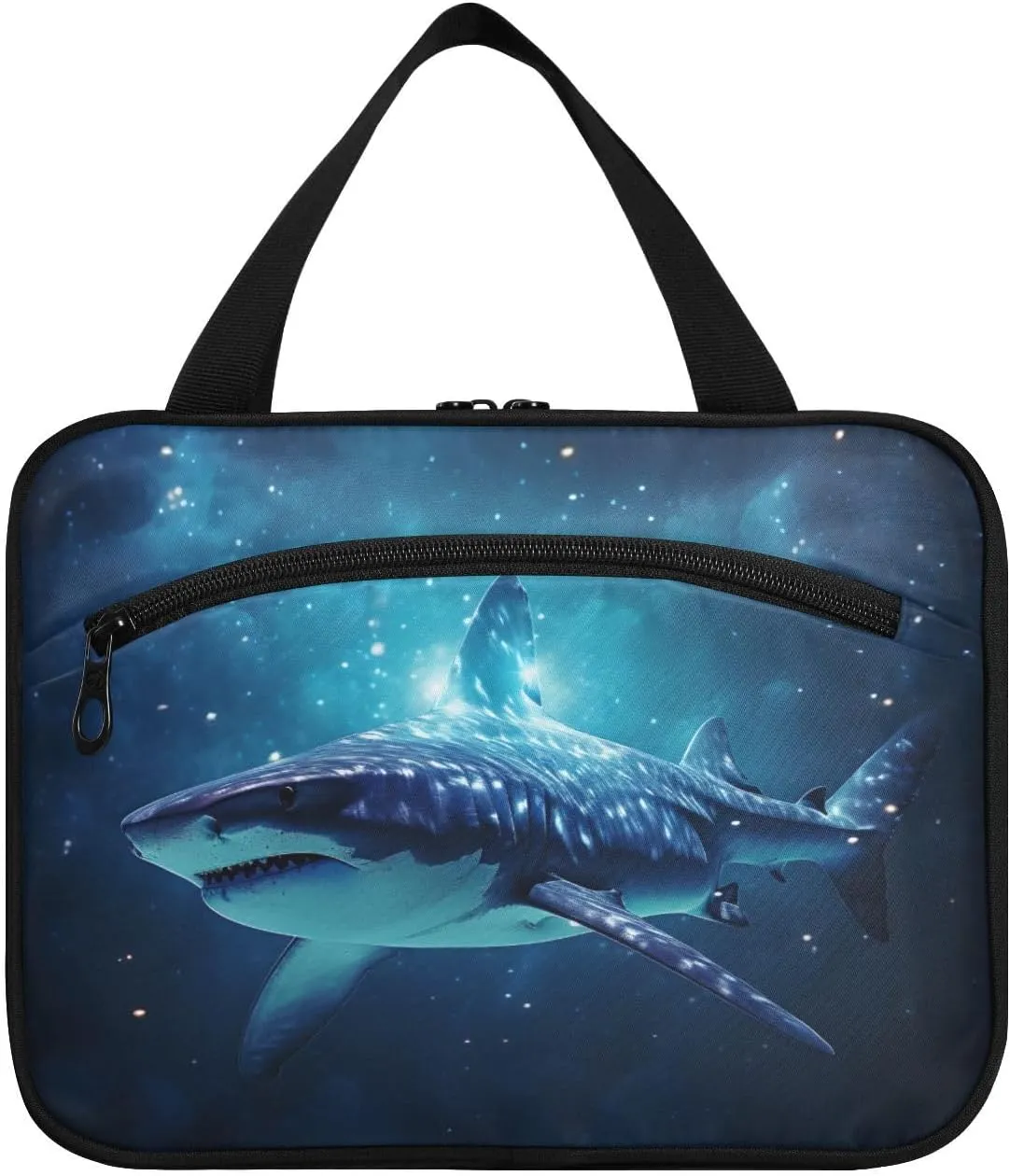MUKJHOI Hanging Travel Toiletry Bag  4 Zippered Compartments, Transparent Organizer, Compact & Water-Resistant for Gym, Camping, Hotel  Shark Under The Stars