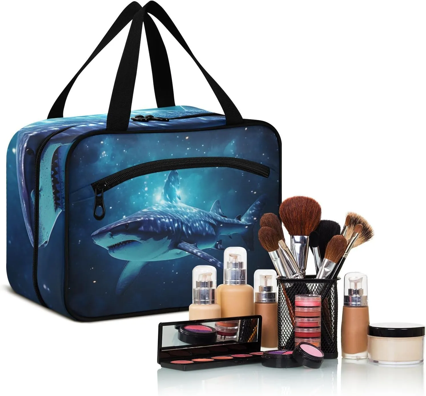 MUKJHOI Hanging Travel Toiletry Bag  4 Zippered Compartments, Transparent Organizer, Compact & Water-Resistant for Gym, Camping, Hotel  Shark Under The Stars