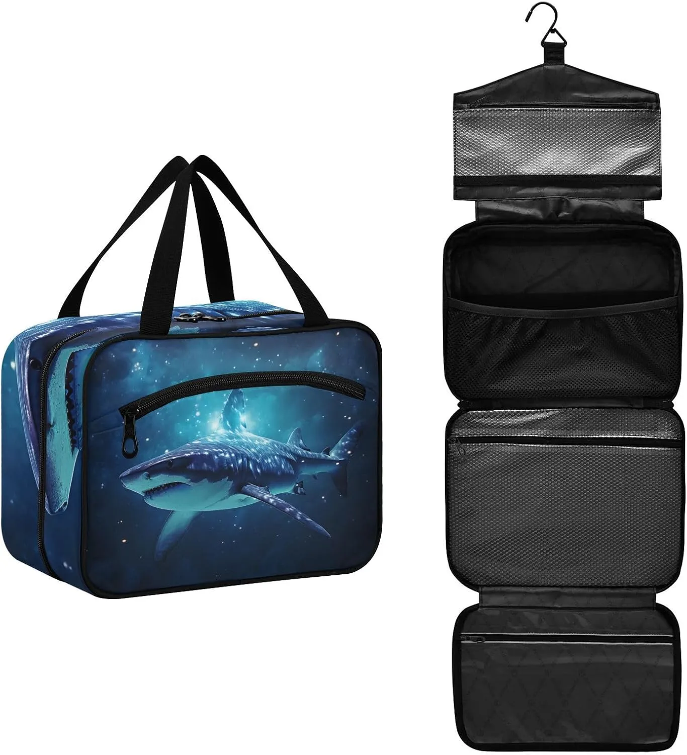 MUKJHOI Hanging Travel Toiletry Bag  4 Zippered Compartments, Transparent Organizer, Compact & Water-Resistant for Gym, Camping, Hotel  Shark Under The Stars