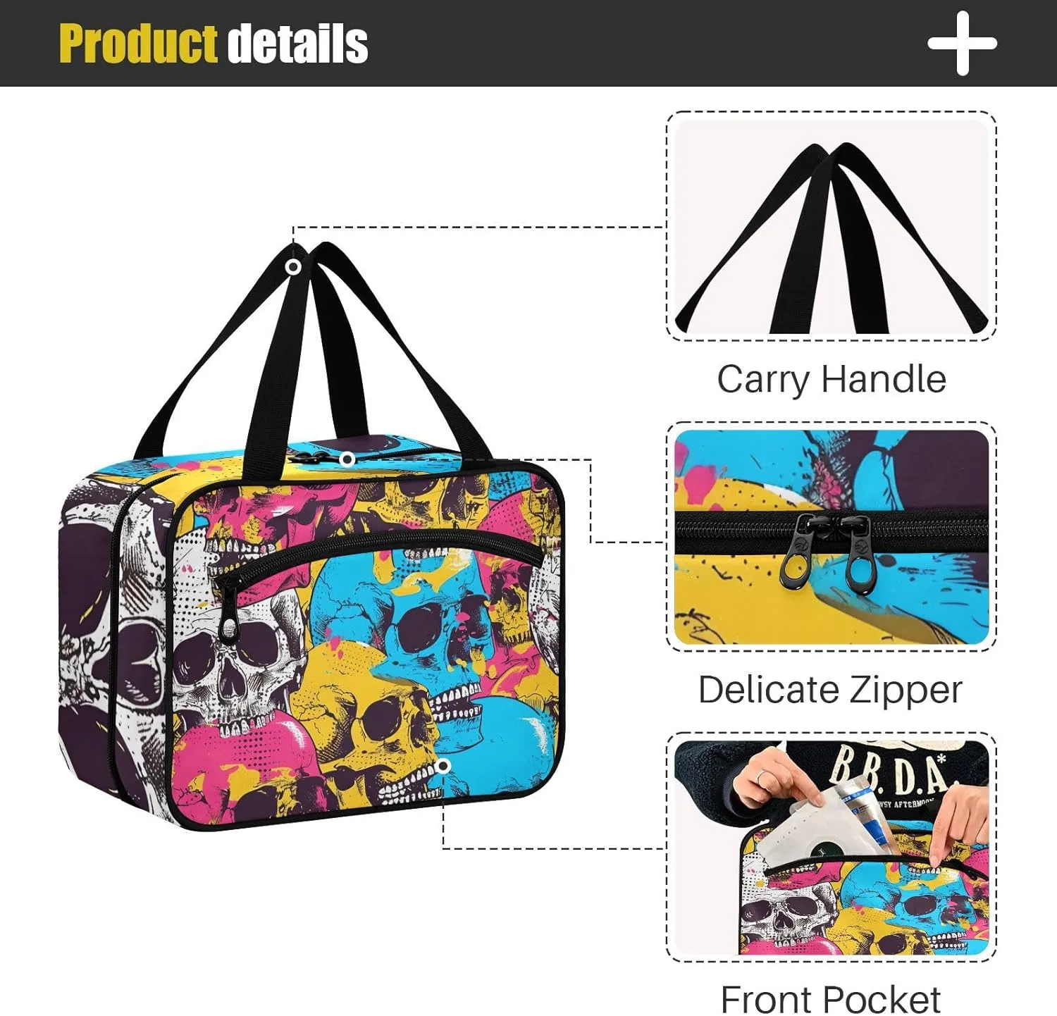MUKJHOI Hanging Travel Toiletry Bag  4 Zippered Compartments, Transparent Organizer, Compact & Water-Resistant for Gym, Camping, Hotel  Skull (1)