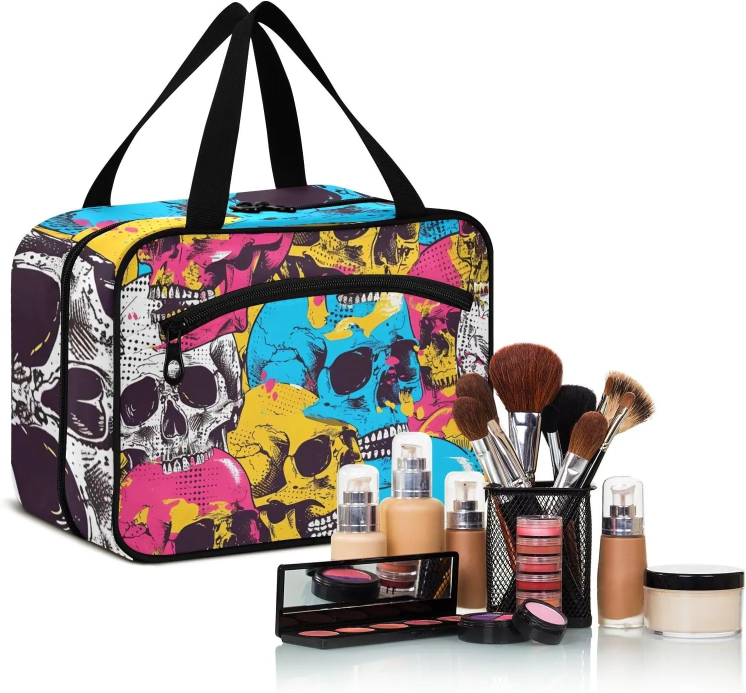 MUKJHOI Hanging Travel Toiletry Bag  4 Zippered Compartments, Transparent Organizer, Compact & Water-Resistant for Gym, Camping, Hotel  Skull (1)