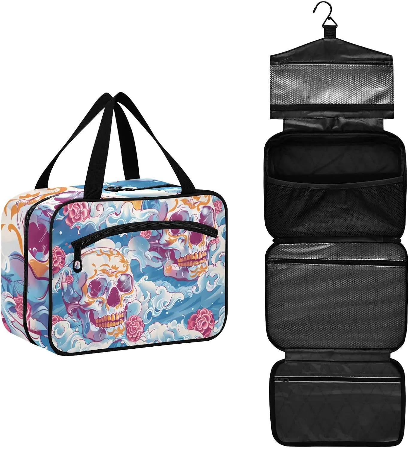 MUKJHOI Hanging Travel Toiletry Bag  4 Zippered Compartments, Transparent Organizer, Compact & Water-Resistant for Gym, Camping, Hotel  Skull (3)