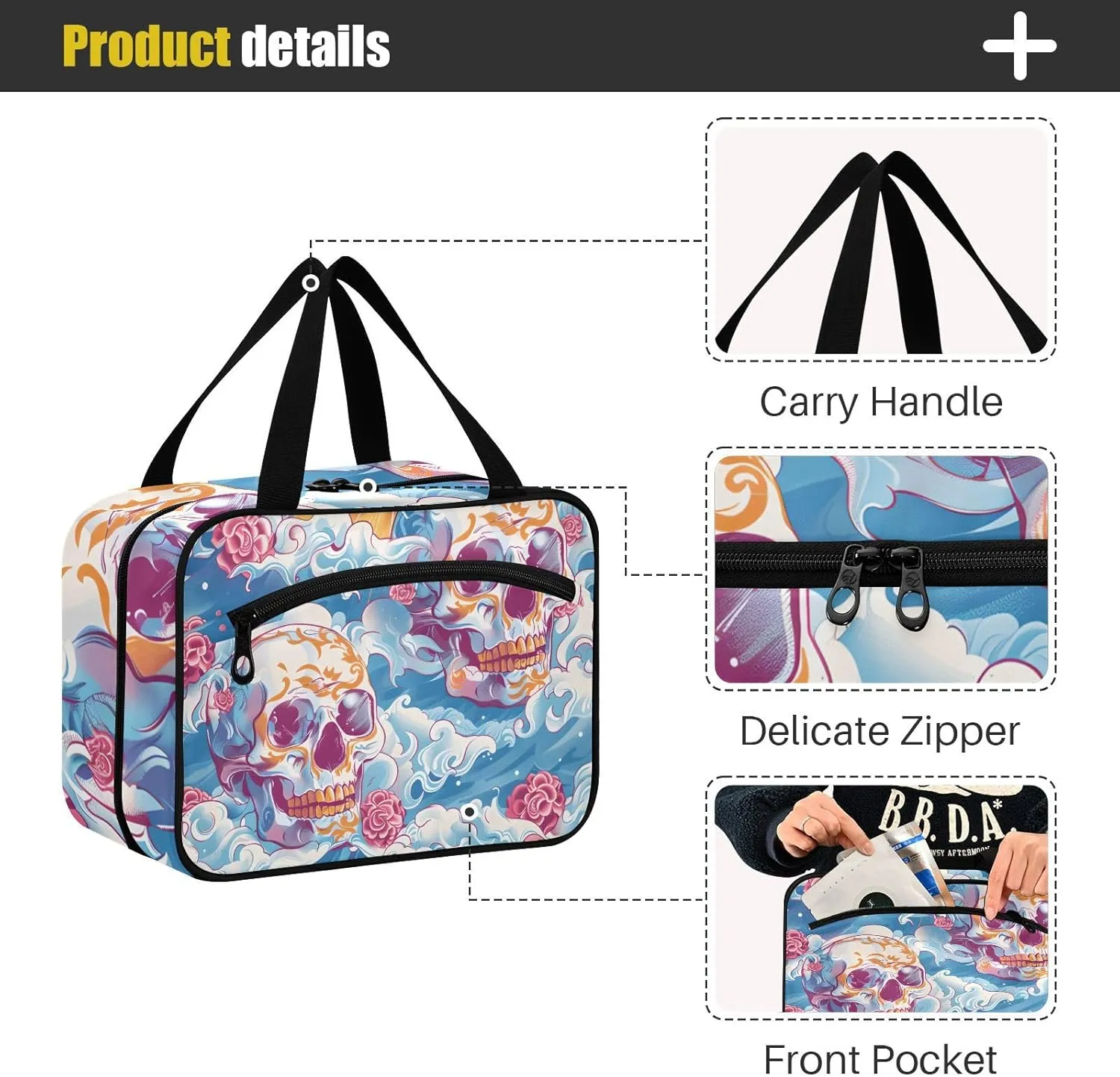 MUKJHOI Hanging Travel Toiletry Bag  4 Zippered Compartments, Transparent Organizer, Compact & Water-Resistant for Gym, Camping, Hotel  Skull (3)