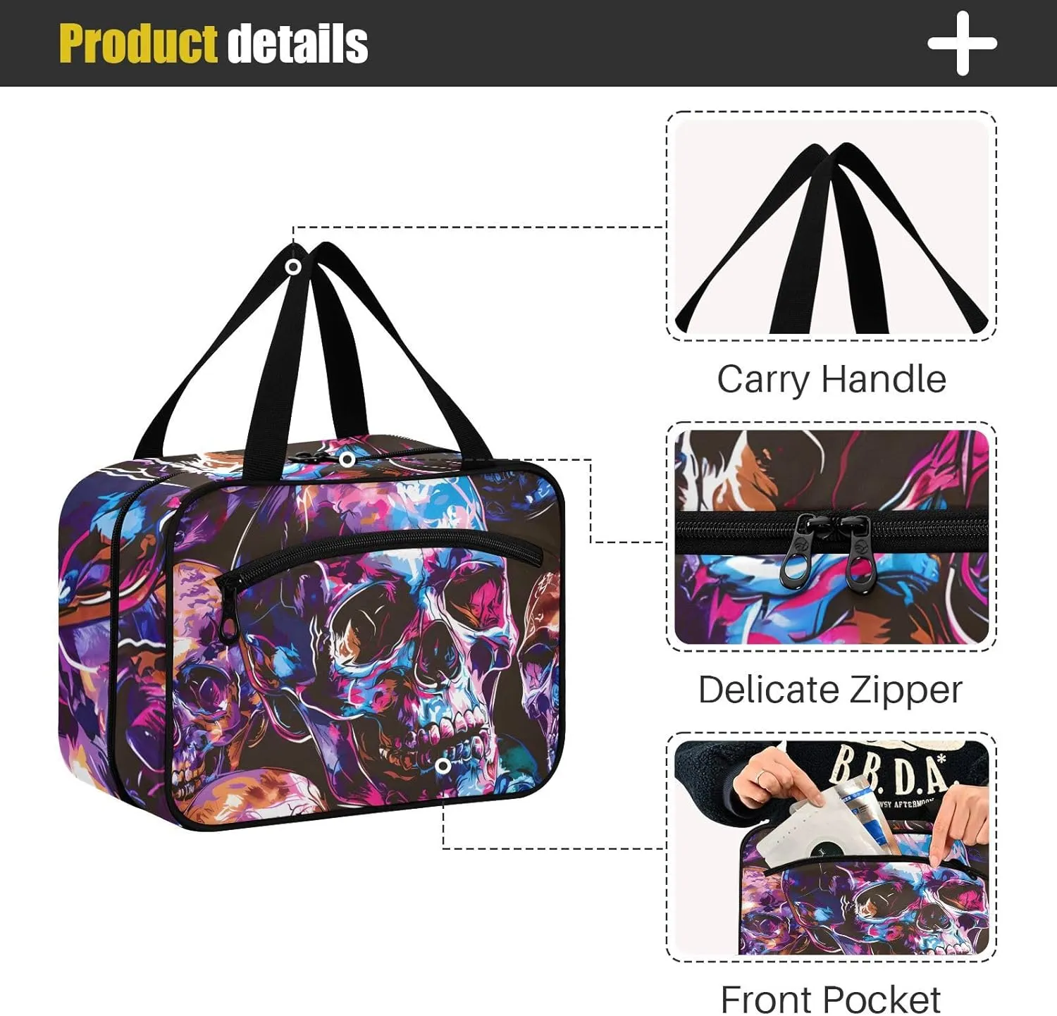 MUKJHOI Hanging Travel Toiletry Bag  4 Zippered Compartments, Transparent Organizer, Compact & Water-Resistant for Gym, Camping, Hotel  Skull (5)