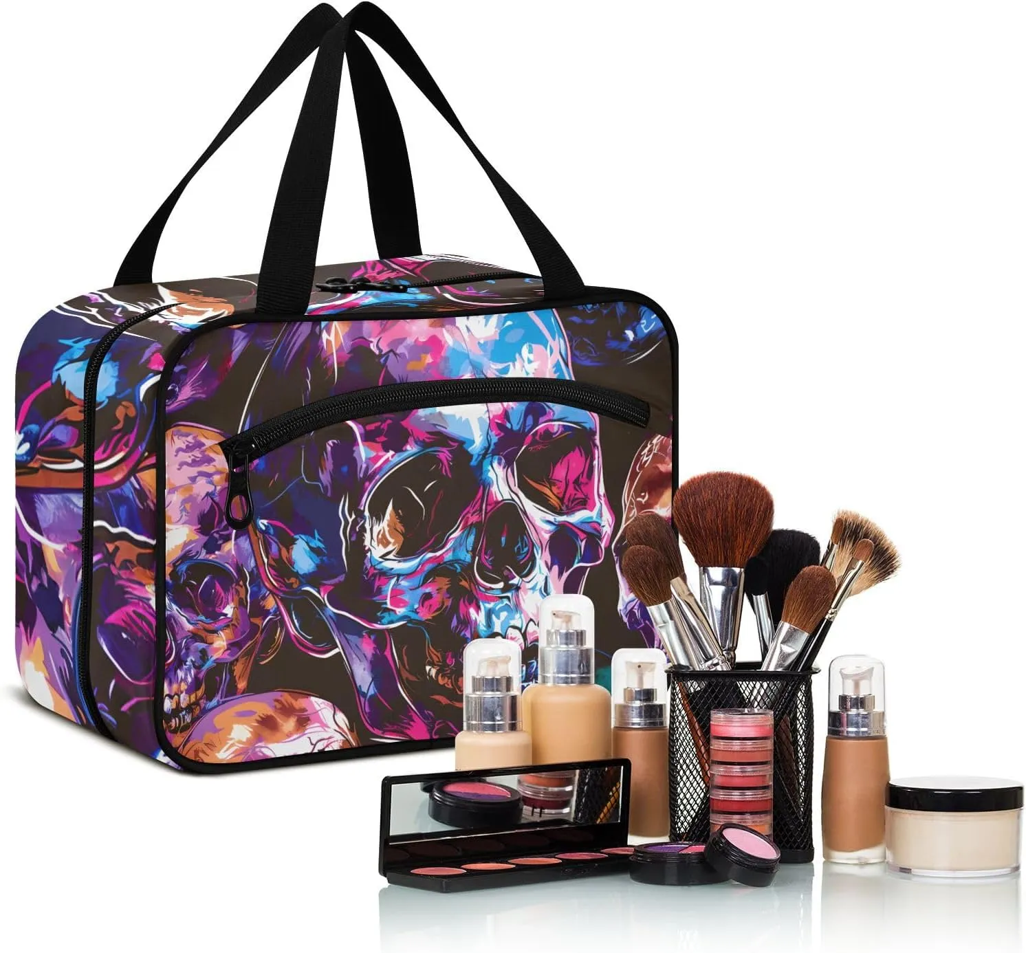 MUKJHOI Hanging Travel Toiletry Bag  4 Zippered Compartments, Transparent Organizer, Compact & Water-Resistant for Gym, Camping, Hotel  Skull (5)