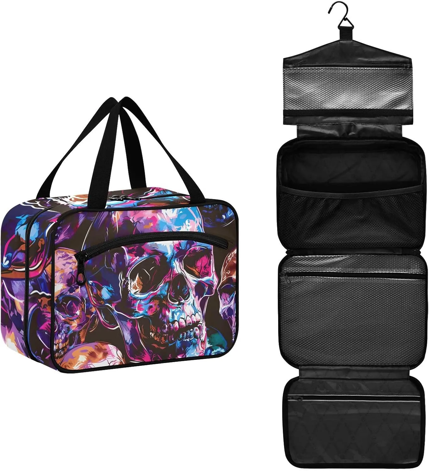 MUKJHOI Hanging Travel Toiletry Bag  4 Zippered Compartments, Transparent Organizer, Compact & Water-Resistant for Gym, Camping, Hotel  Skull (5)