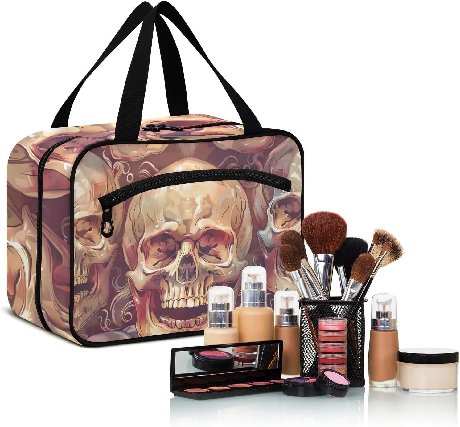 MUKJHOI Hanging Travel Toiletry Bag  4 Zippered Compartments, Transparent Organizer, Compact & Water-Resistant for Gym, Camping, Hotel  Skull (6)