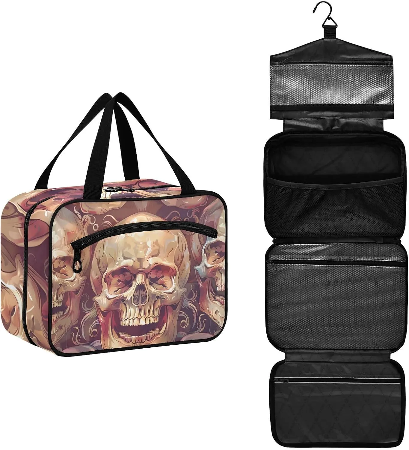 MUKJHOI Hanging Travel Toiletry Bag  4 Zippered Compartments, Transparent Organizer, Compact & Water-Resistant for Gym, Camping, Hotel  Skull (6)