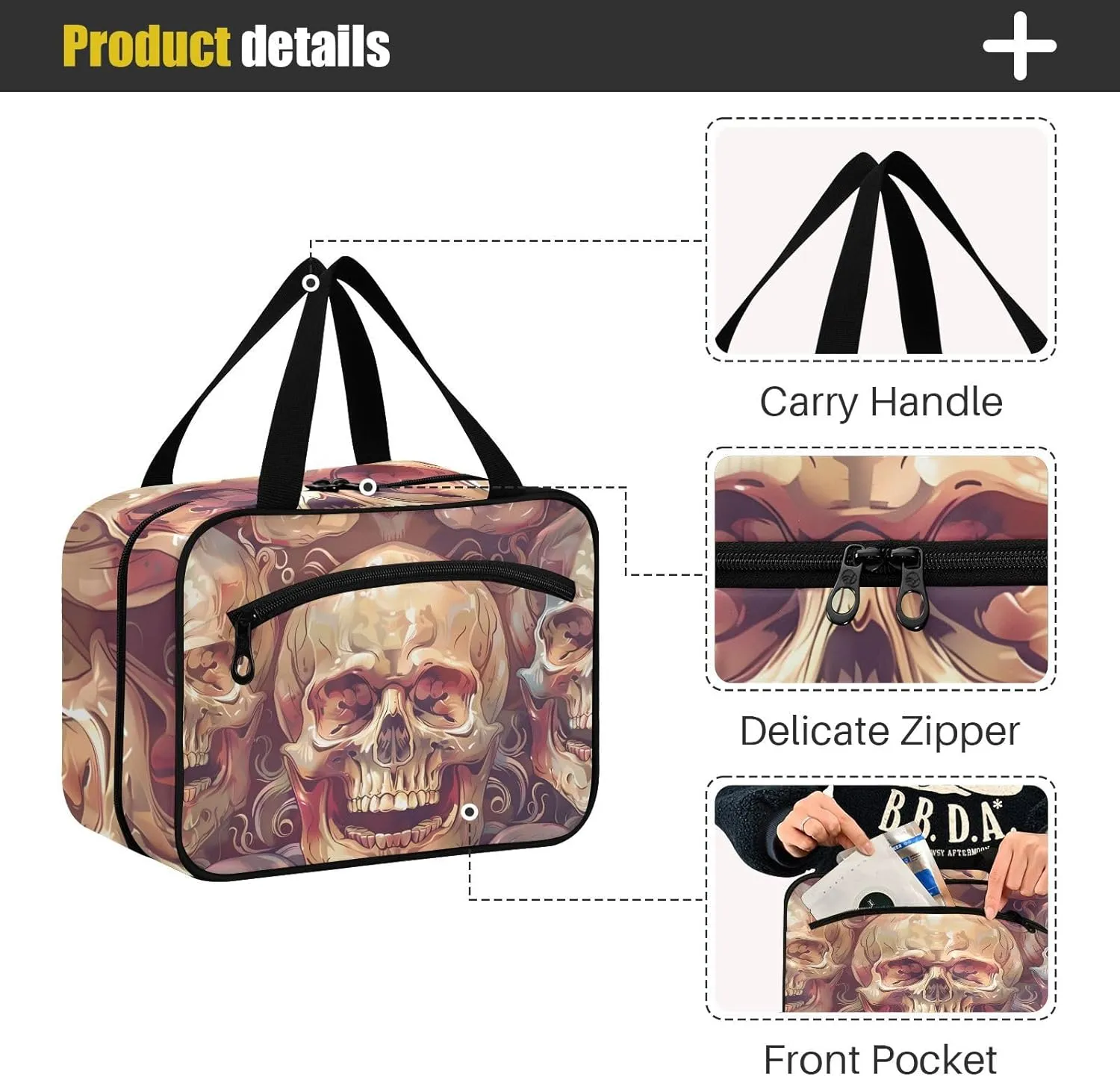 MUKJHOI Hanging Travel Toiletry Bag  4 Zippered Compartments, Transparent Organizer, Compact & Water-Resistant for Gym, Camping, Hotel  Skull (6)
