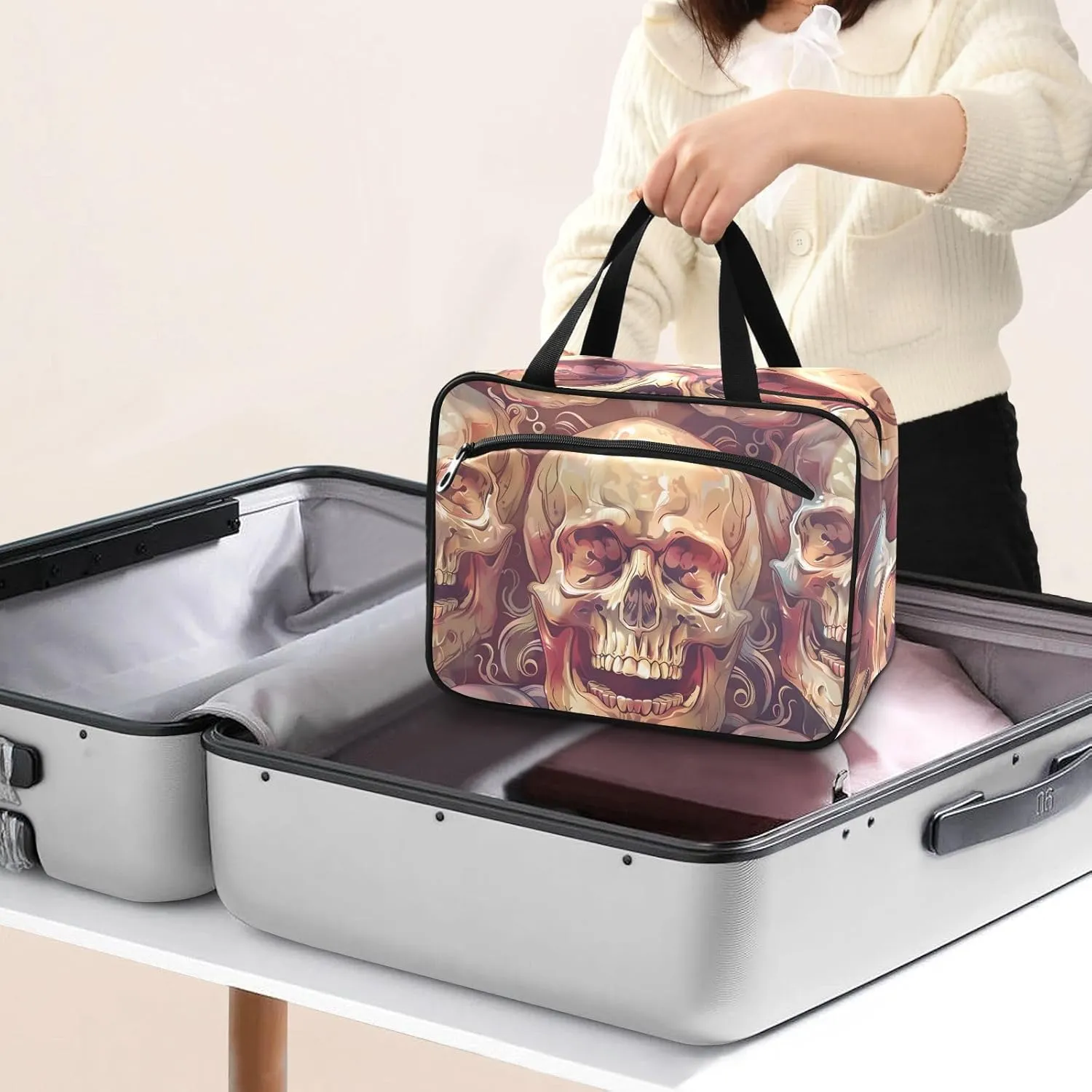 MUKJHOI Hanging Travel Toiletry Bag  4 Zippered Compartments, Transparent Organizer, Compact & Water-Resistant for Gym, Camping, Hotel  Skull (6)