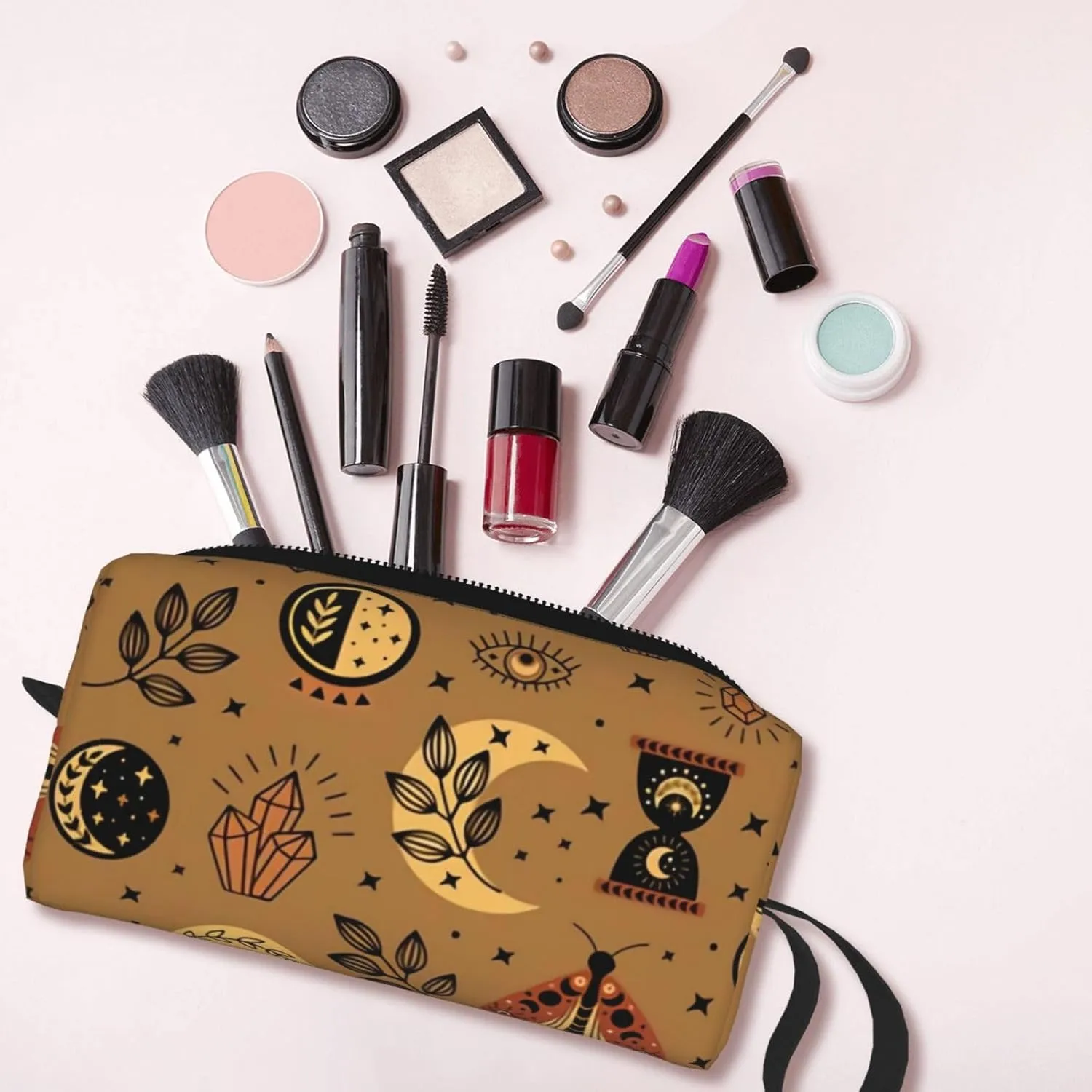 Mystical Moon & Star Makeup Bag Organizer Small Cosmetic Bags Compact Durable Oxford Fabric Multi-Purpose Storage Perfect for Travel, Gym, Daily Use